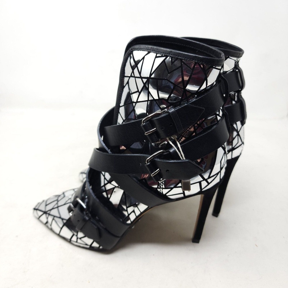 Balmain Paris Womens Boots Jackie Mosaic Silver Metallic Strappy Ankle Heel 37 7 - Picture 5 of 11